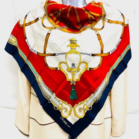 Vgt Large Celine Paris Scarf  100% Satin Silk  34"  Red Navy Blue Gold Green (49 - Picture 1 of 11